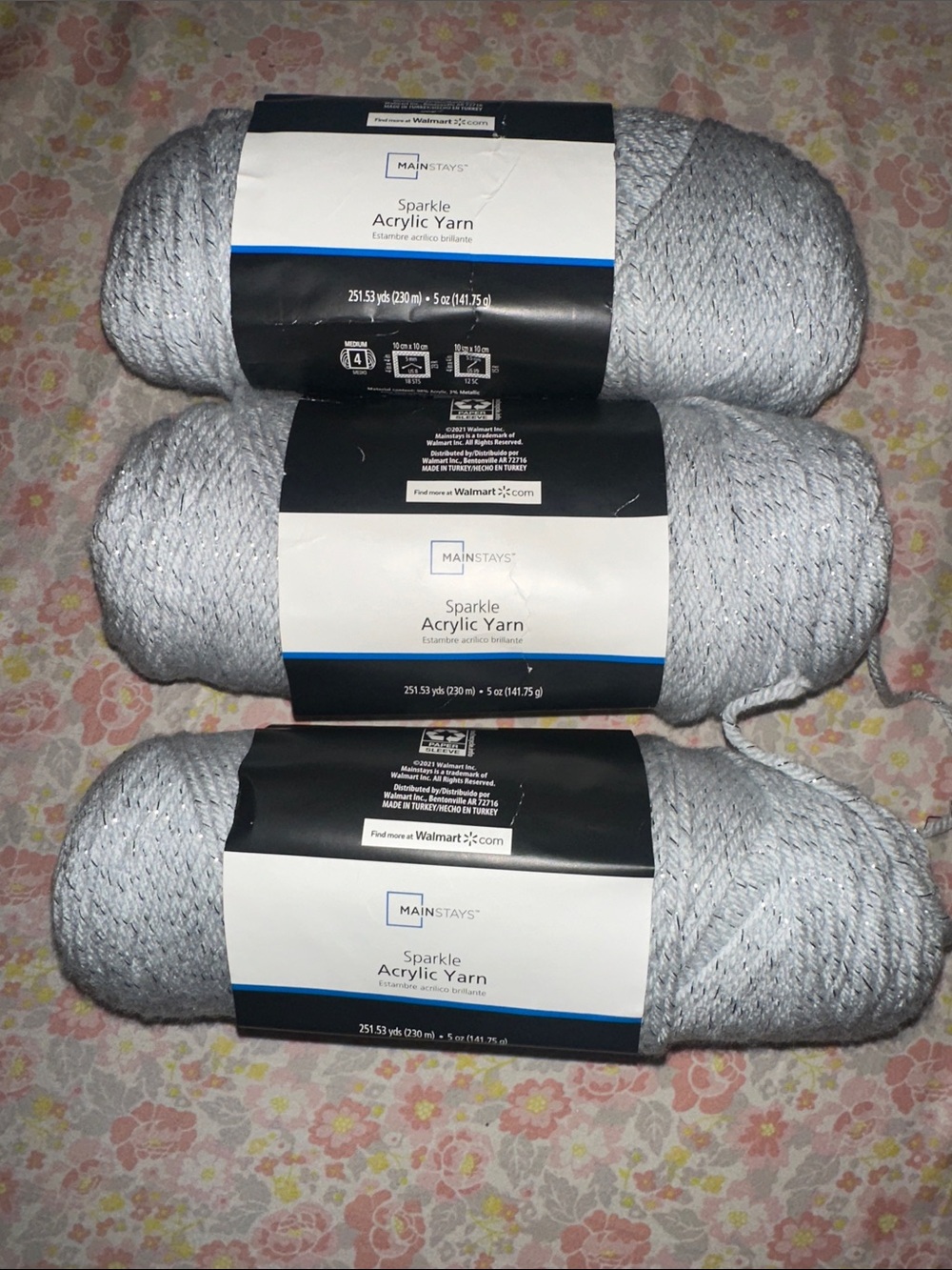 Mainstays Sparkle Acrylic Yarn - Silver Gray sparkle (3 Skeins)